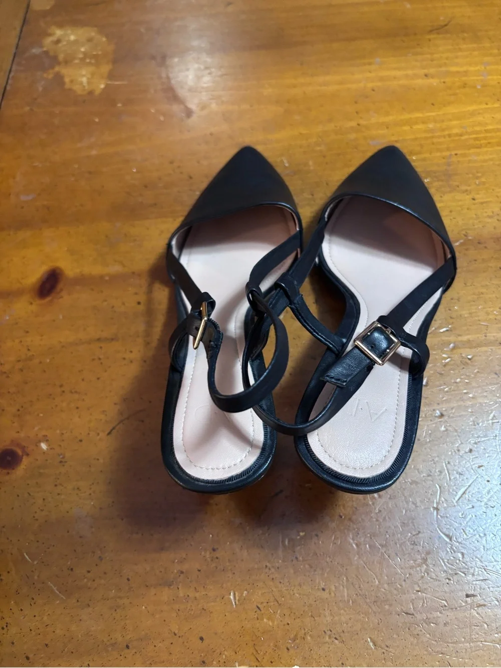 Black Pointed Slingback Heels with Woven Gold Heel Accent